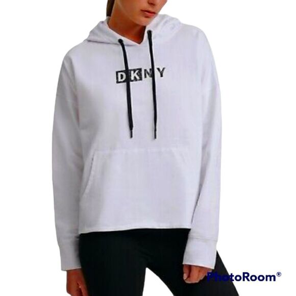 DKNY Womens Cotton Logo Graphic White Long Sleeve Hoodie -C - Picture 6 of 6